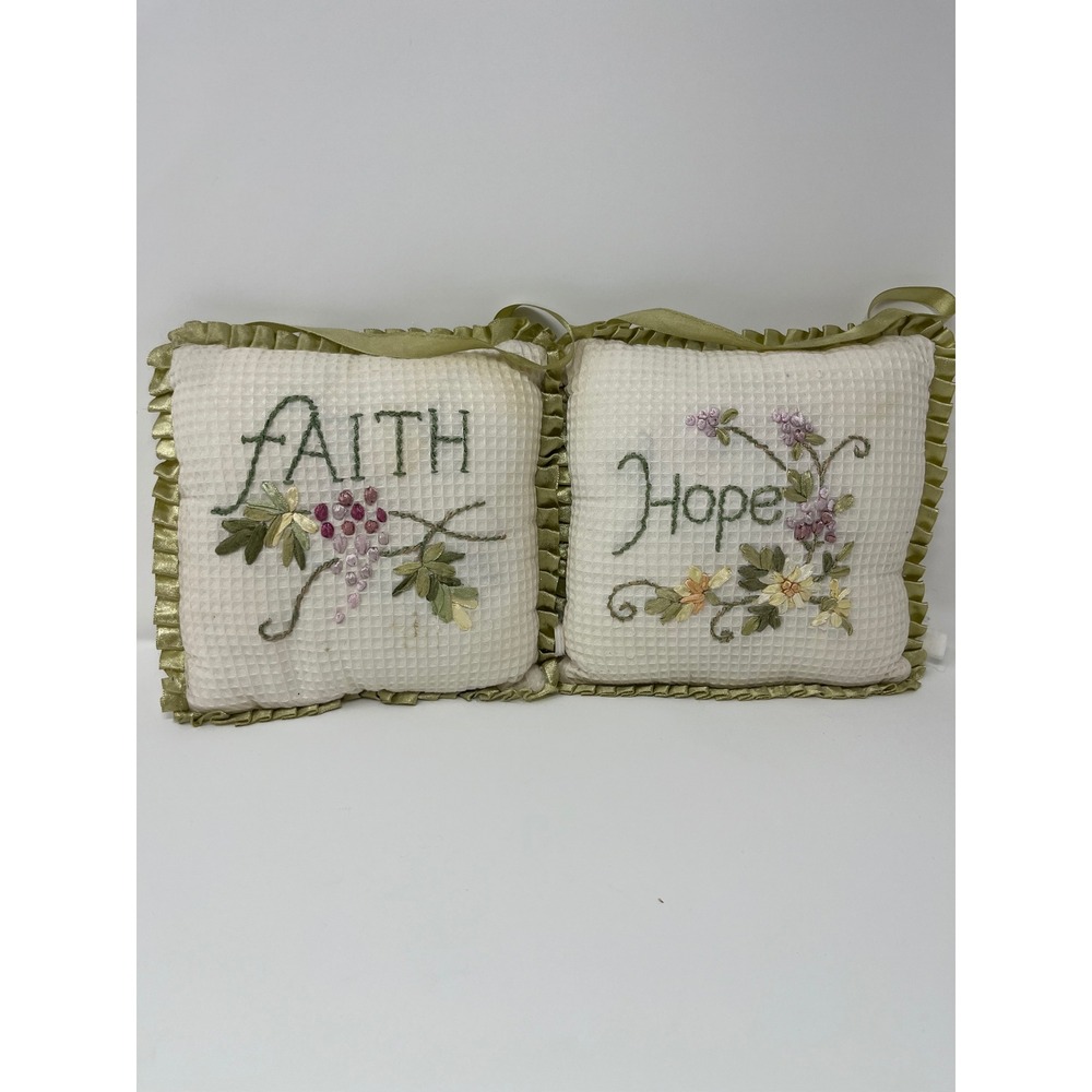 Vintage Faith Hope Embroidered Waffle Weave Ruffle Accent Pillows Set of 2 Cream